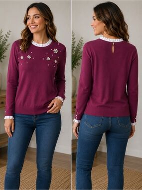 Pearl-Embellished Sweater in Berry